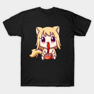 Cat Eating Spaghetti Cute Anime Kitten T-Shirt